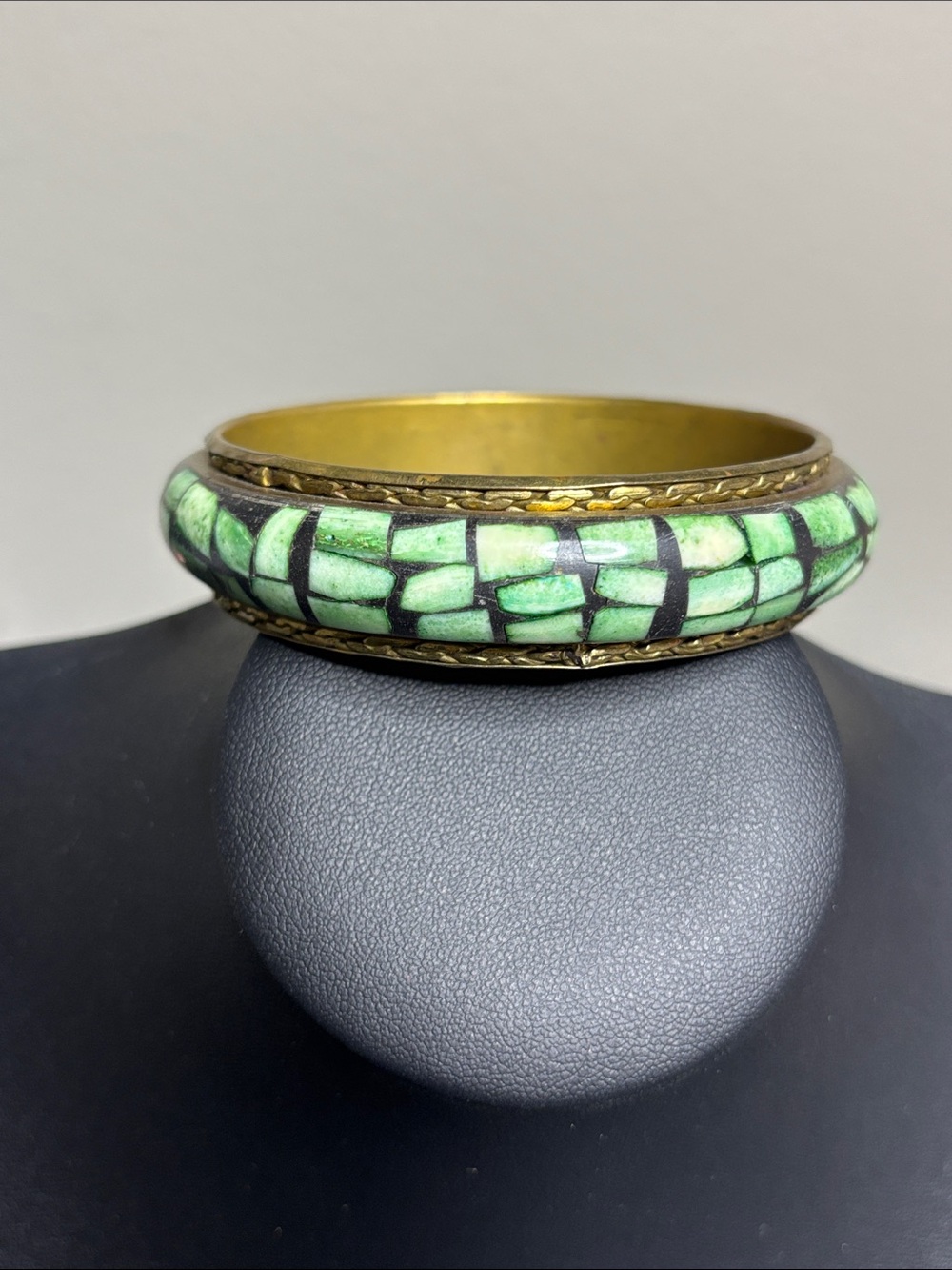 Vintage Green Mosaic Inlay Bangle Statement Brass Bracelet